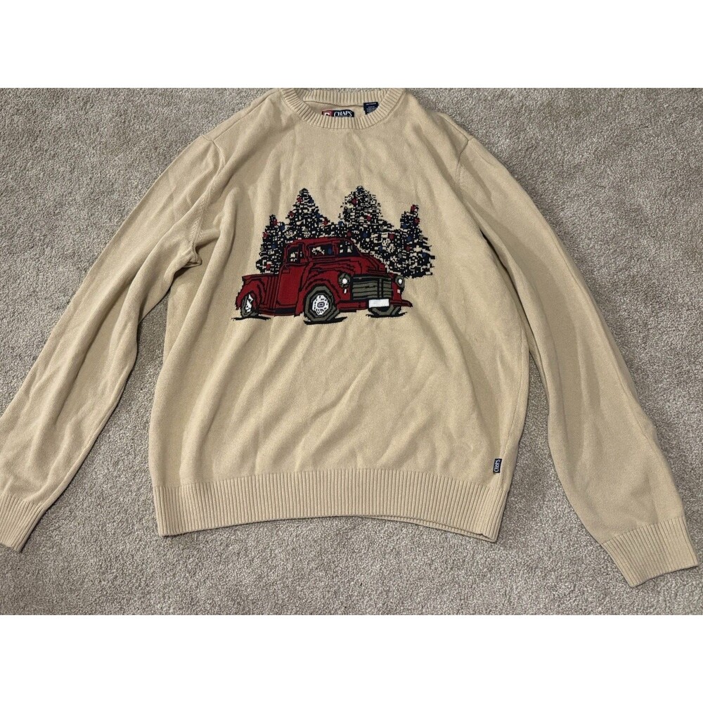 Chaps Classic Red Truck Christmas Trees Knit Cream Holidays Sweater Men's XL